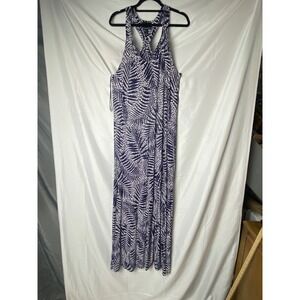 Cynthia Rowley Maxi Dress Large Blue White Leaf Print Sleeveless Casual Summer